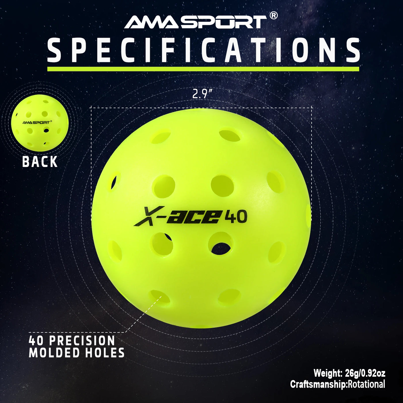 AMA Sport X-ACE Pickleballs 40 Hole Durable Outdoor Pickleball Balls Crack Resistant ONE Piece Balls 100% POP-Optic Yellow